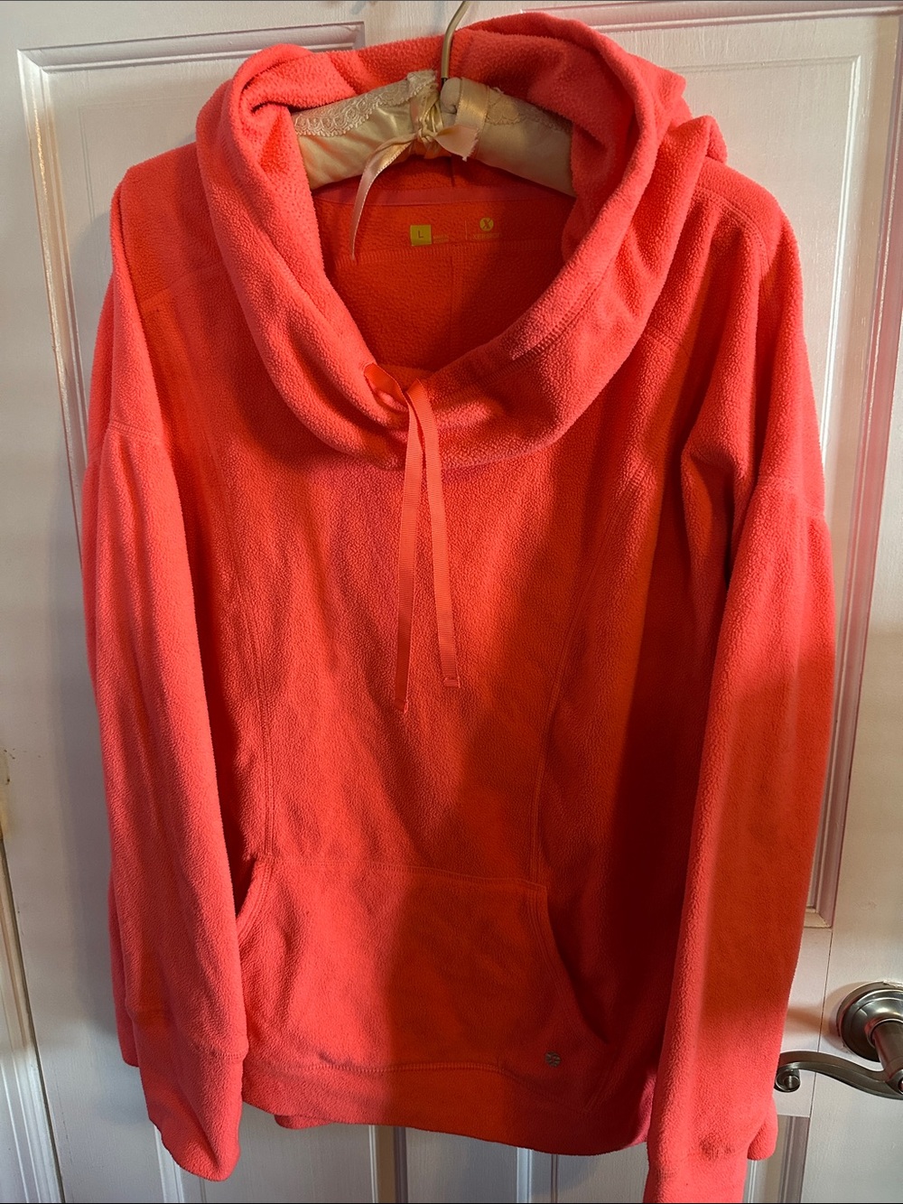 Bright Coral color Cowl Neck Fleece Pullover Hoodie - Women